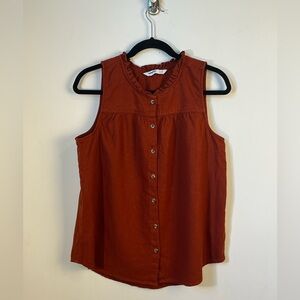 Sonoma Blouse Womens Medium Orange Linen Blend Button Down Sleeveless Round Neck